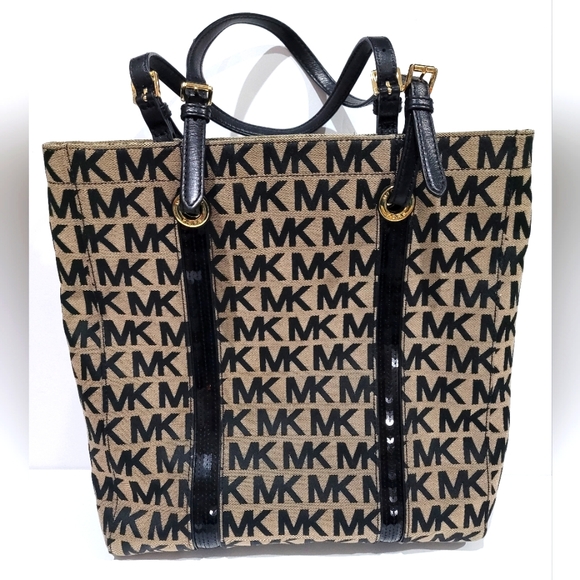 Michael Kors Handbags - Michael Kors Purse All Over Logo Sequins  & Leather Straps Gold Accent Grommets